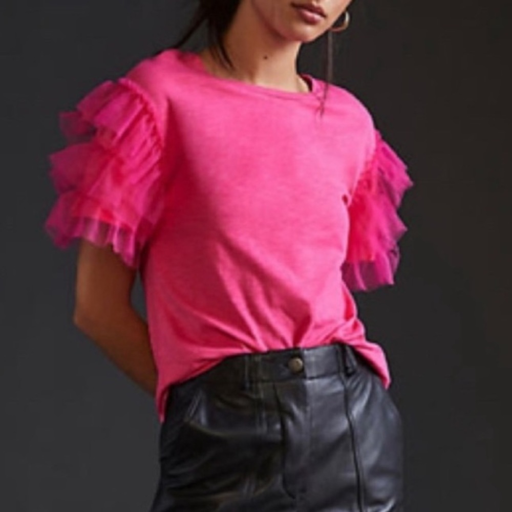 Anthropologie Lea & Viola Chiffon Sleeve Tee, Barbie Pink SZ XL cotton pretty